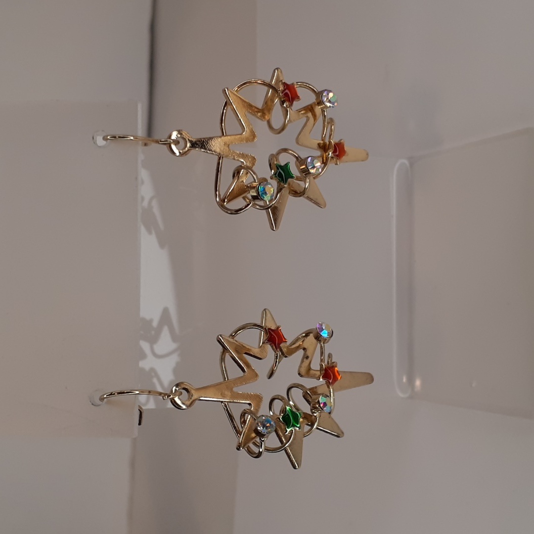 Wire Wrapped Rhinestone Gold Christmas Star Dangle Pierced Earrings 12$